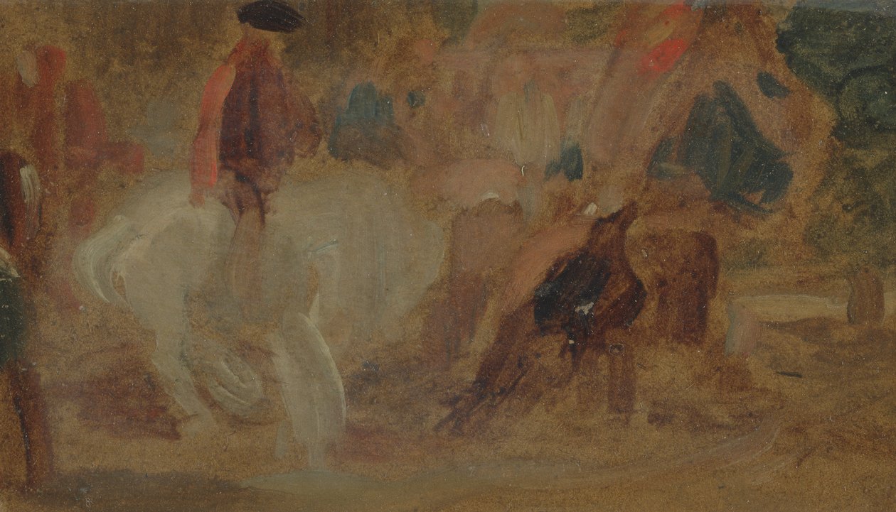 Muž na bílém koni dříve připisovaný J.M.W. Turner (1775-1851) a také připisován Peteru de Wint (1784-1849) (olej na papíře) od English School