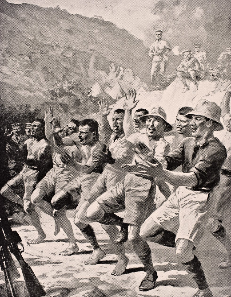 Maorští vojáci předvádějí Haka v Gaba Tepe na poloostrově Gallipoli Turecko 1915, z ‚The War Illustrated Album deLuxe‘, vydané v Londýně, 1916 od English School