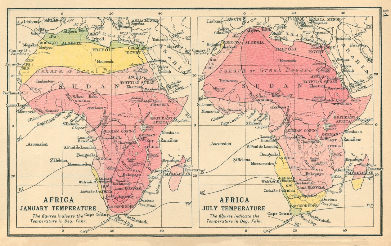 Mapa: (barevná litografie) Mapa: Afrika, leden Teplota, červenec Teplota (barevná litografie) od English School