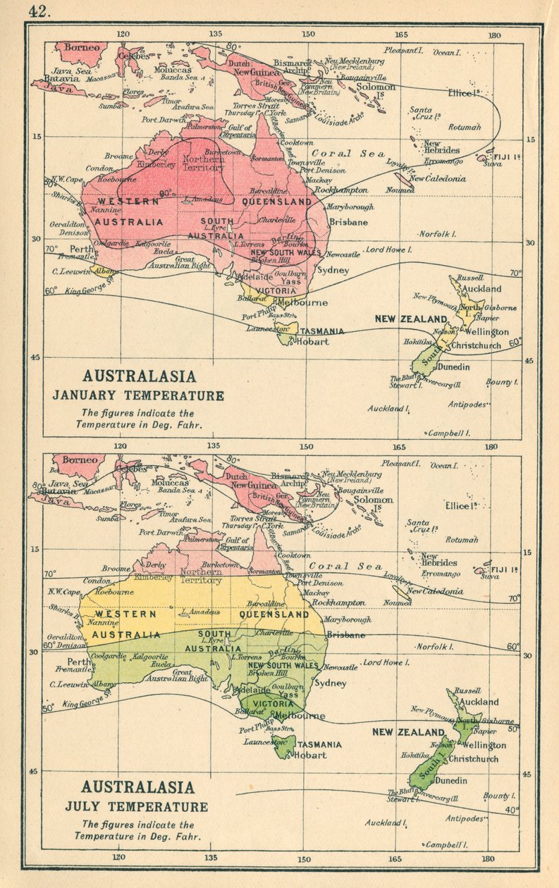 Mapa: (barevná litografie) Austrálie, leden Teplota, červenec Teplota (barevná litografie) od English School