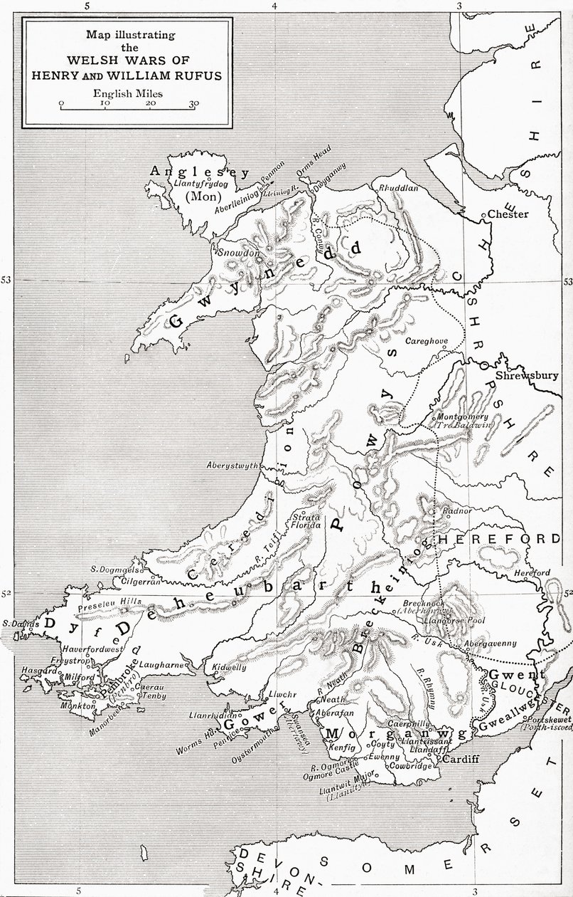 Mapa znázorňující velšské války Williama Rufuse a Jindřicha I., z „Krátké historie anglického lidu“ od J. R. Greena, vydané v roce 1893 od English School