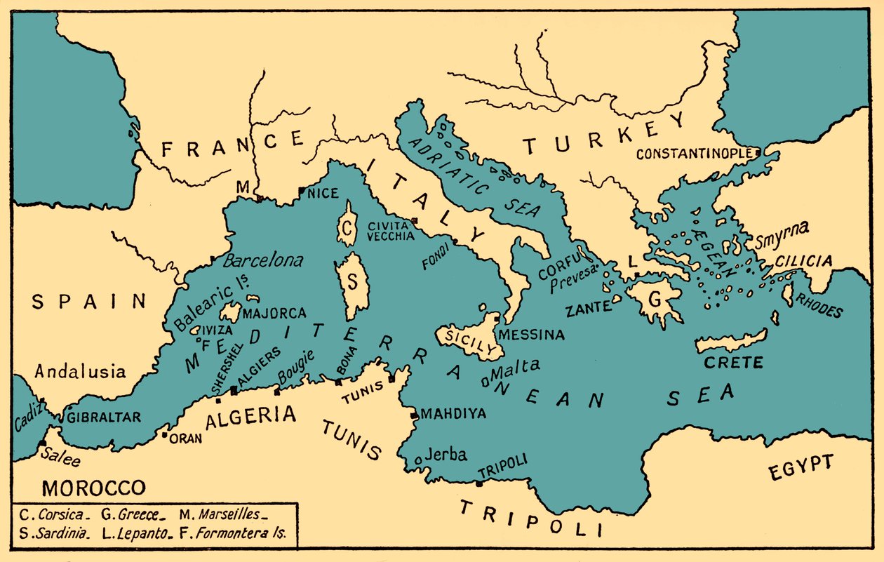 Mapa starověkého pirátství a barbarských korzárů z knihy Philipa Gosseho "History of Piracy". od English School