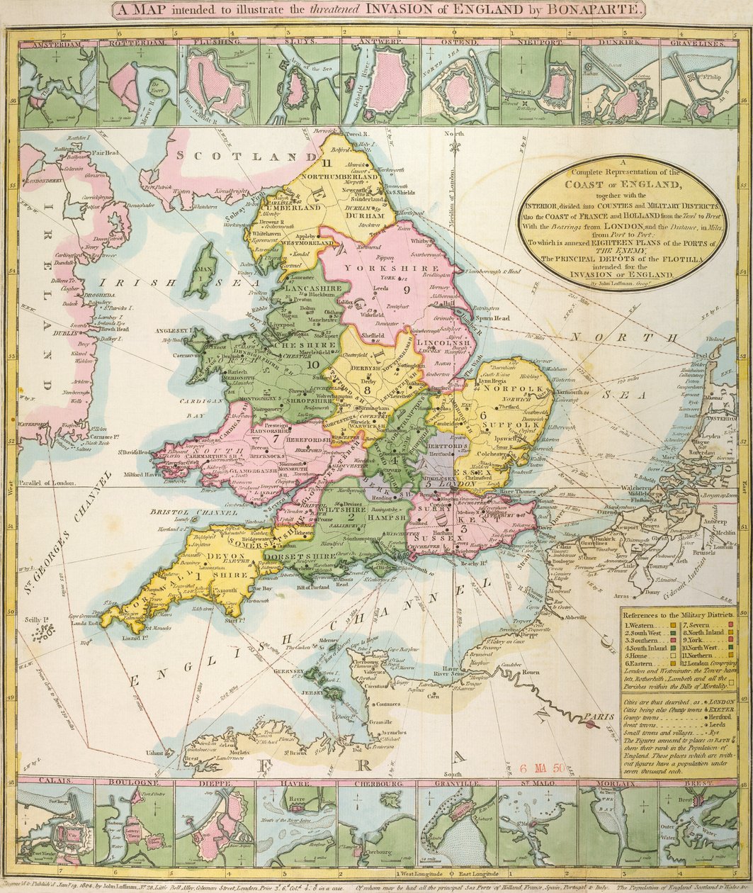 Mapa Británie, znázorňující ohroženou invazi Napoleona Bonaparte (1769-1821) 1803 (barevné lito) od English School