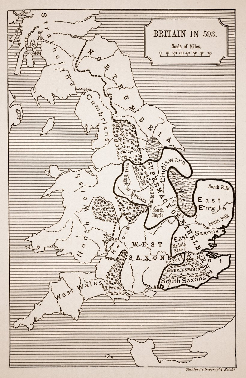 Mapa Británie v roce 593, vytištěná Stanfords Geographical Establishment od English School