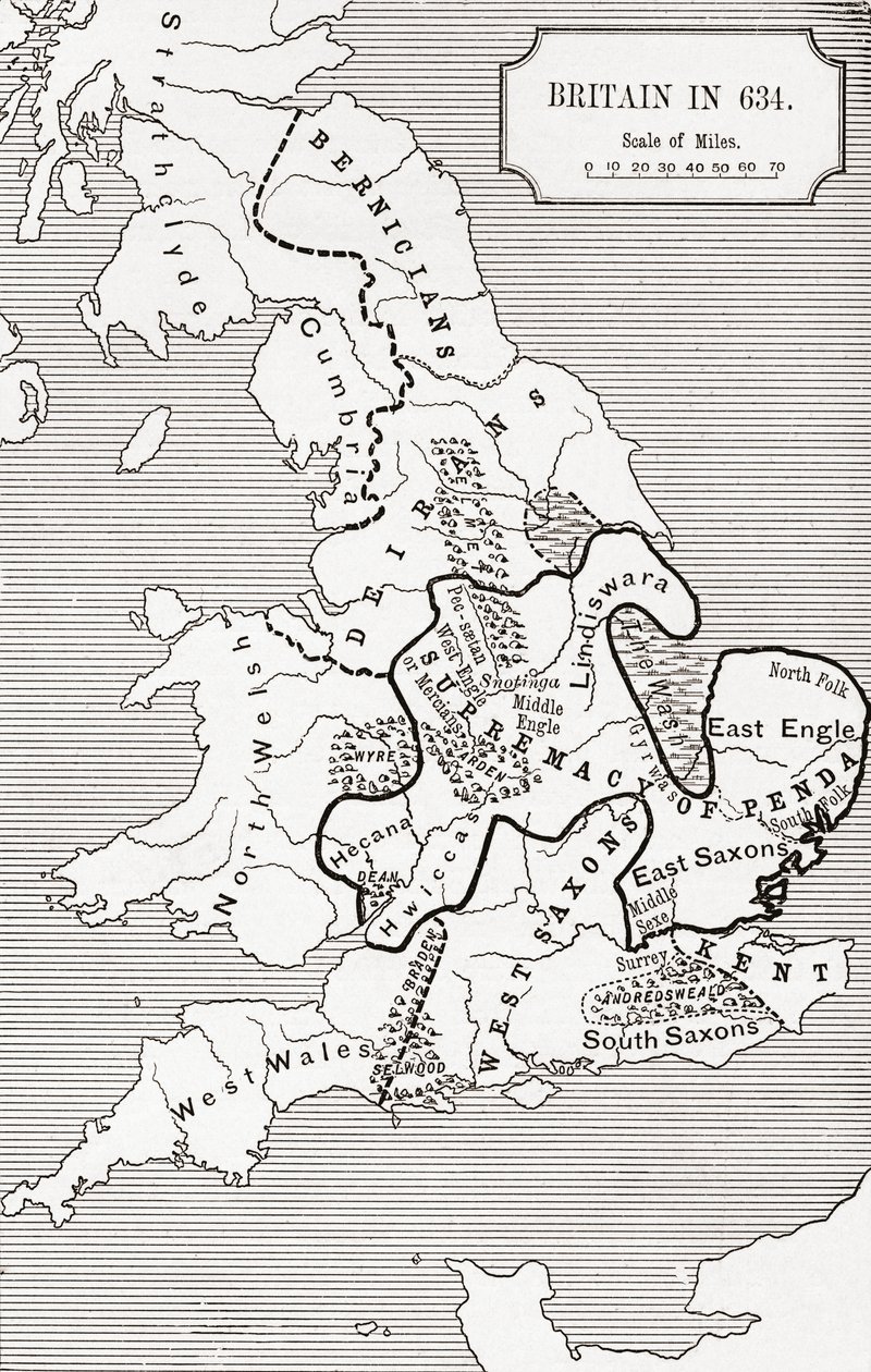 Mapa Británie v roce 634, od The Northumbrian Kingdom 588 až 685 v „Krátké historii anglického lidu“ od J. R. Greena, vydané v roce 1893 od English School