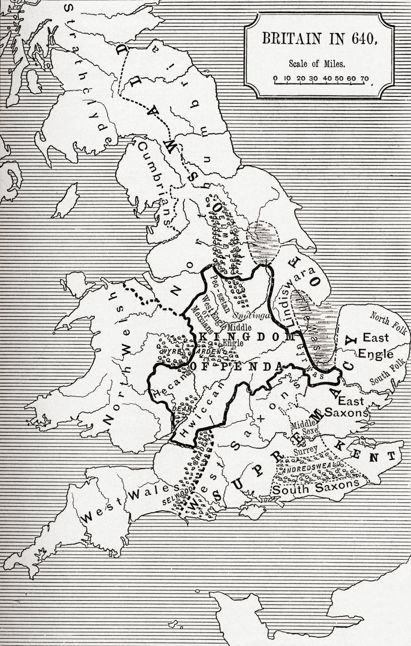 Mapa Británie v roce 640, z Northumbrijského království v „Krátké historii anglického lidu“ od J. R. Greena, publikované v roce 1893 od English School