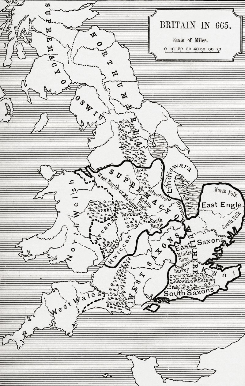 Mapa Británie v roce 665, od The Northumbrian Kingdom 588 až 685 v „Krátké historii anglického lidu“ od J. R. Greena, vydané v roce 1893 od English School