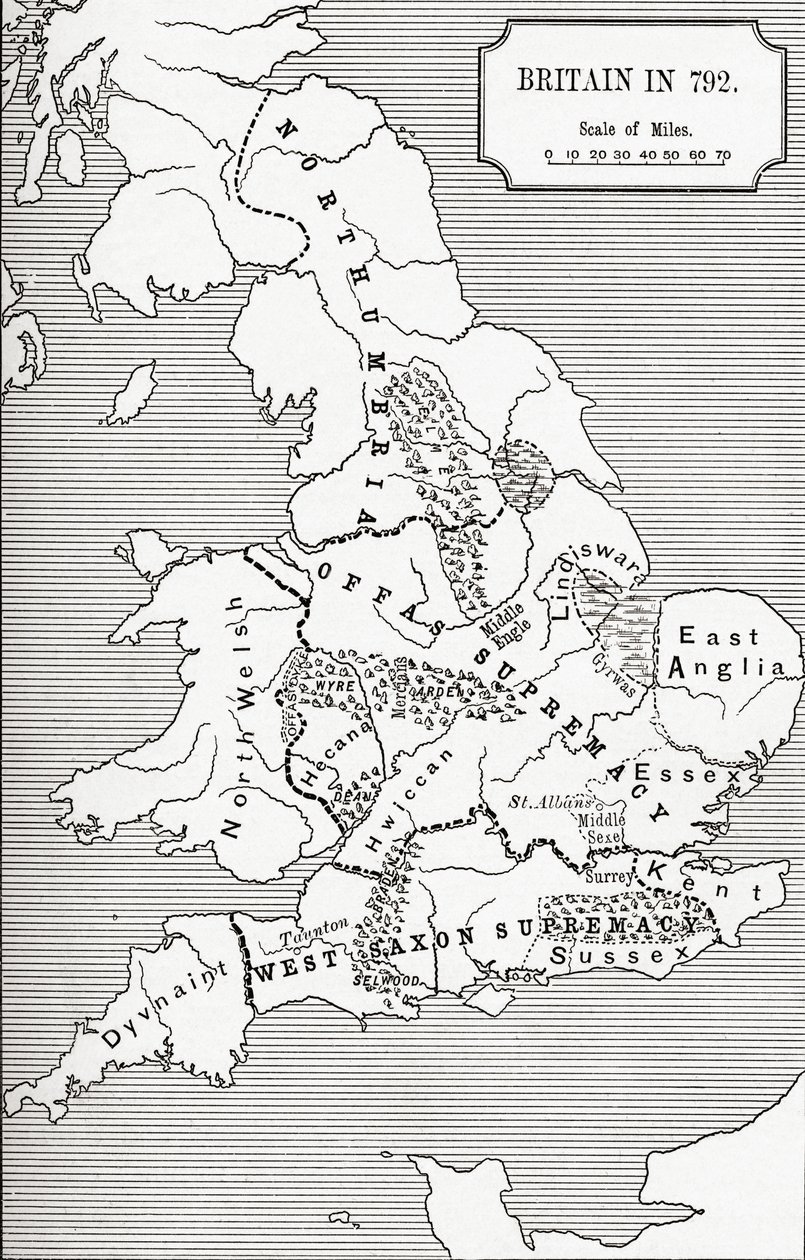 Mapa Británie v roce 792, od Tří království 685 až 828 v „Krátké historii anglického lidu“ od J. R. Greena, vydané v roce 1893 od English School