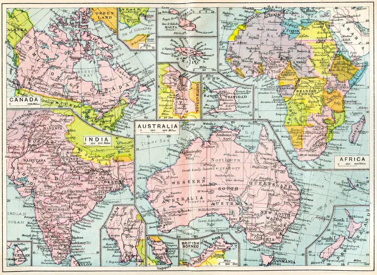 Mapa britského majetku v roce 1914 při vypuknutí první světové války, z The British Empire Universities Modern English Illustrated Dictionary, pub.1914 od English School