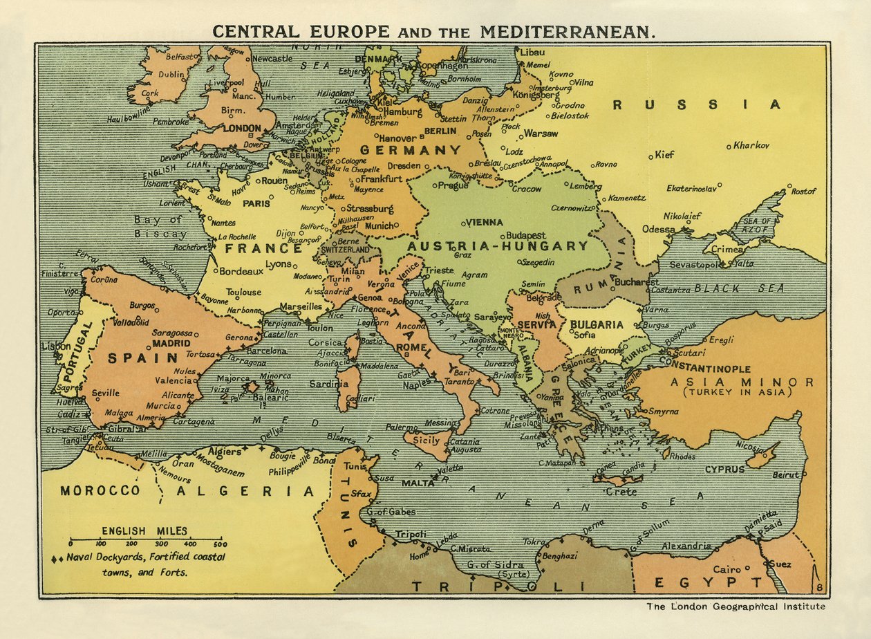 Mapa střední Evropy a Středomoří z knihy "The History of the Great European War, Vol. III" (tisk) od English School