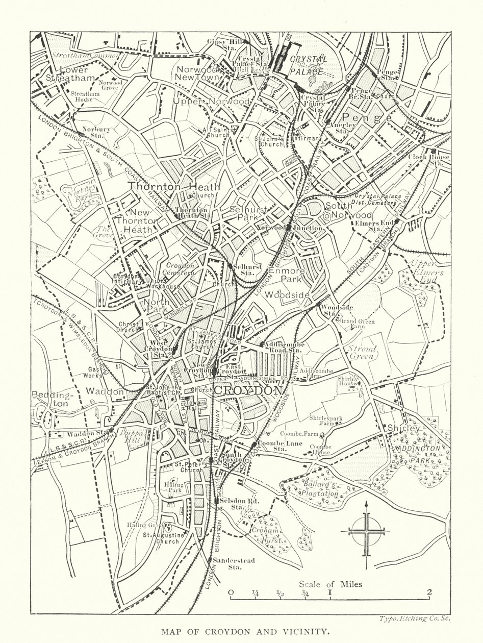 Mapa Croydonu a okolí (rytina) od English School