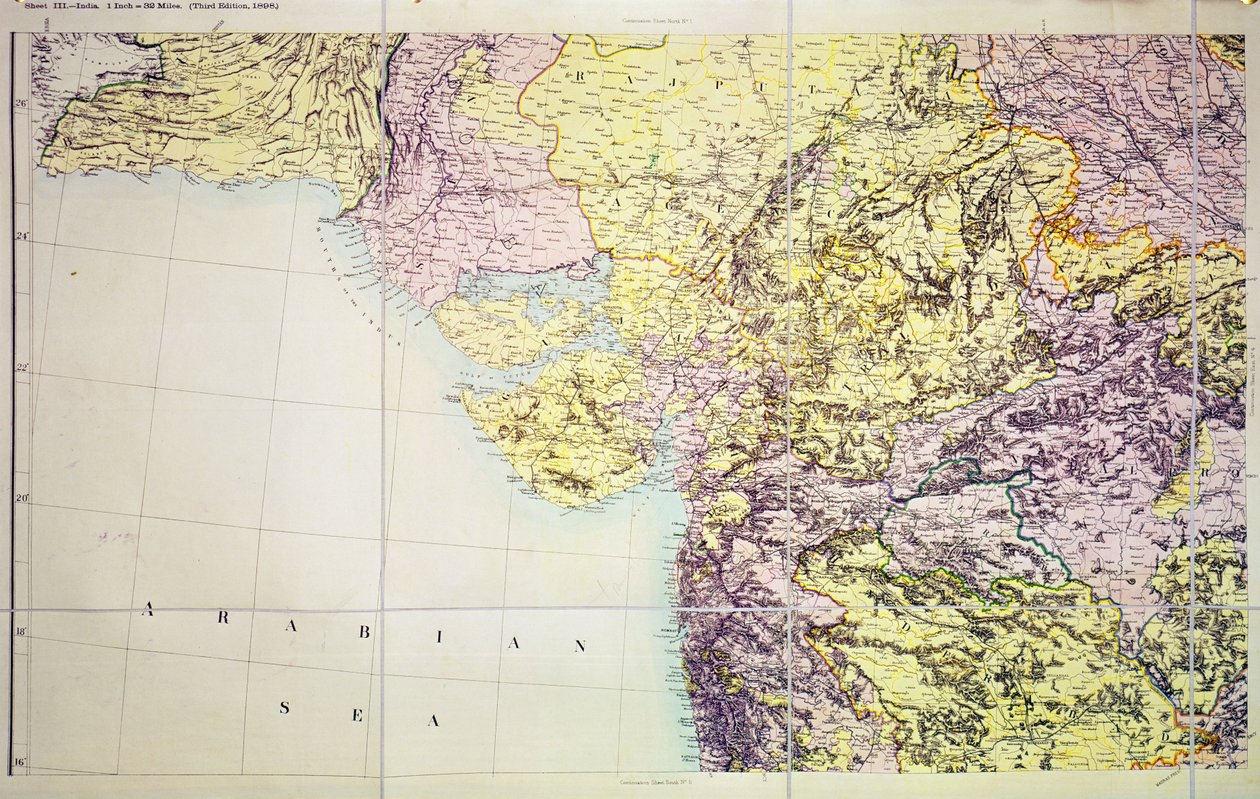 Mapa předsednictví Cutch a Bombay, Indie, 1898 od English School