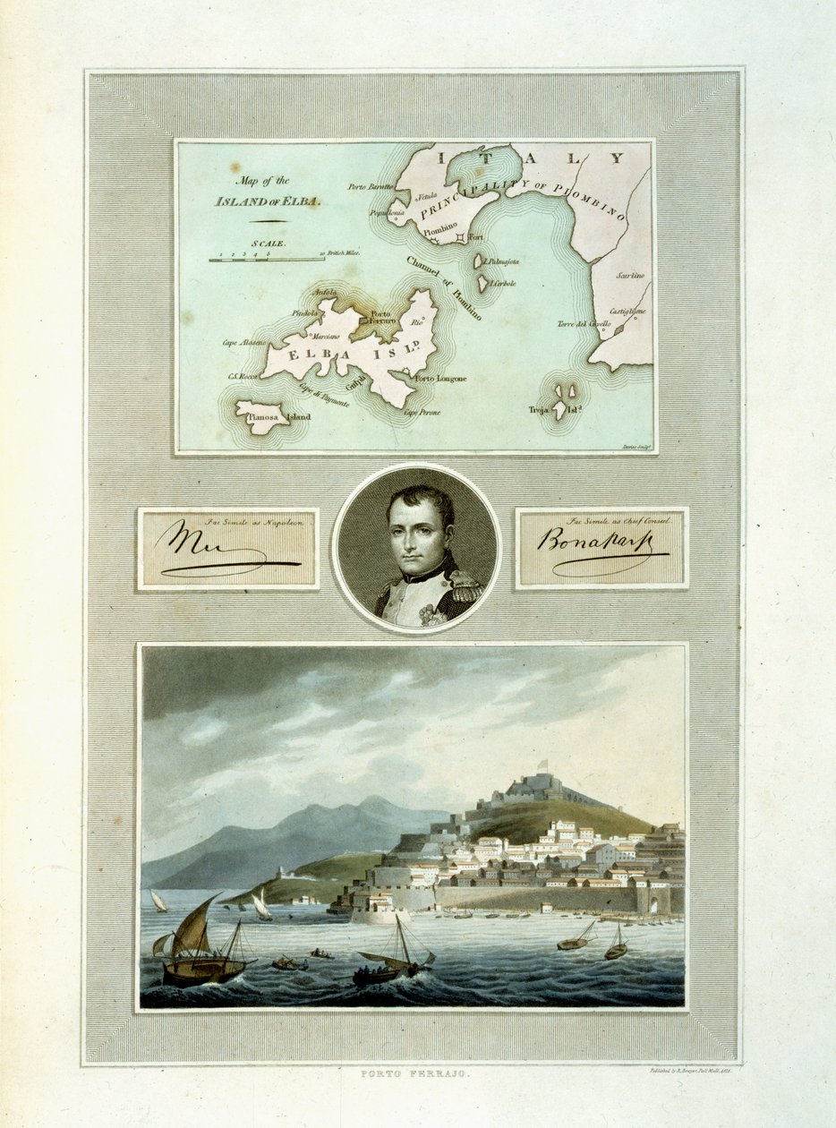 Mapa Elby a pohled na Porto Ferraio s portrétem Napoleona a faksimile jeho podpisu, 1815 (barevná rytina) od English School