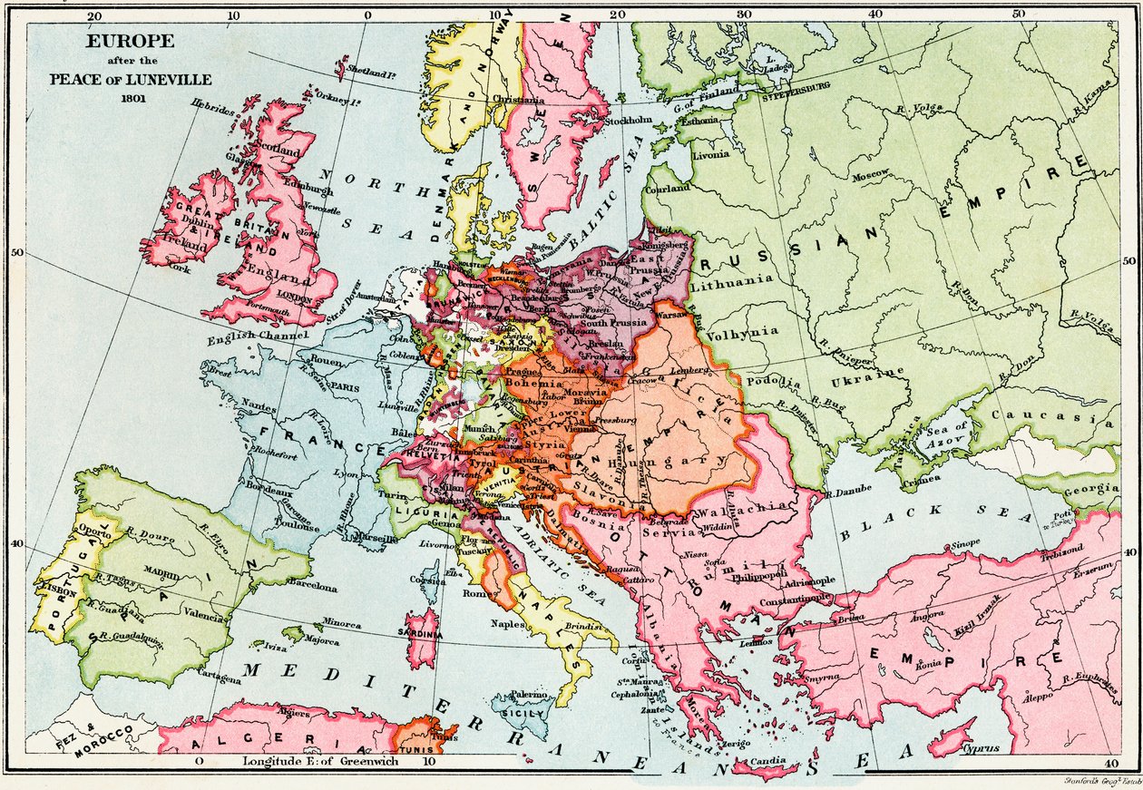 Mapa Evropy po míru v Luneville, 1801, z „Krátké historie anglického lidu“ od J. R. Greena, vydáno 1893 od English School