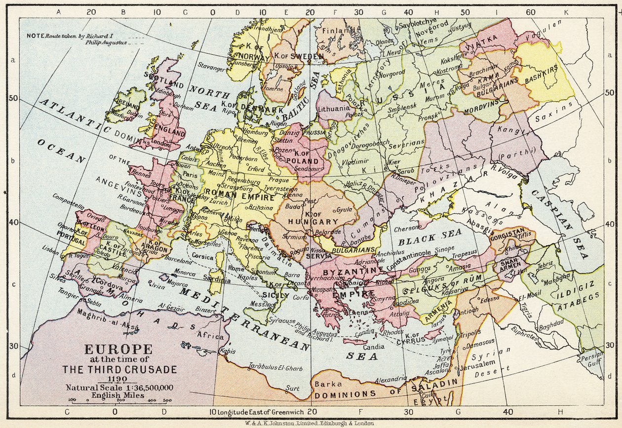 Mapa Evropy v době třetí křížové výpravy, 1190, z „Historického atlasu“, vydaného W. und A.K. Johnston Limited, 1911 od English School