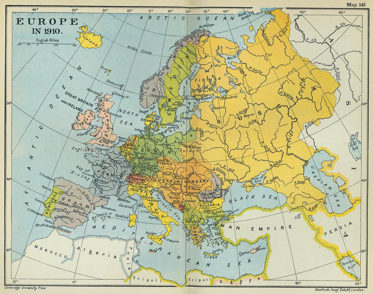 Mapa Evropy v roce 1910 (barevné lito) od English School