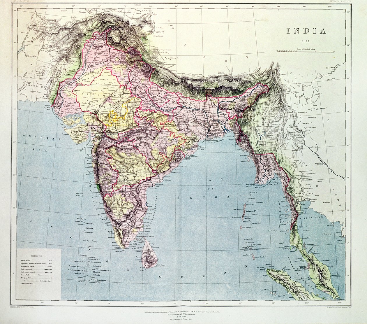 Mapa Indie, zveřejněná pod vedením plukovníka H.R. Thuillier, R.E., Surveyor General of India, 1877 od English School