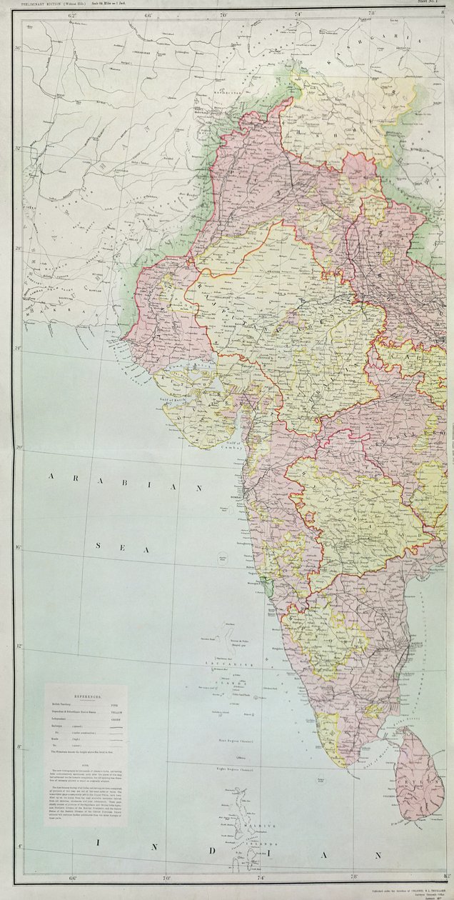 Mapa Indie, vydaná pod vedením plukovníka H.R. Thuilliera, R.E., generálního inspektora Indie, 1877. od English School