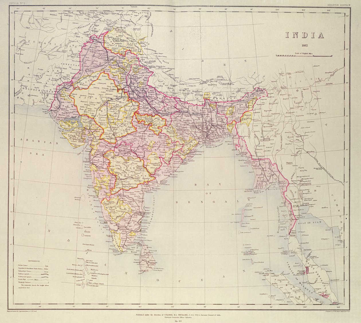 Mapa Indie, zveřejněná pod vedením plukovníka H. R. Thuillier, R.E., Surveyor General of India, 1882 od English School