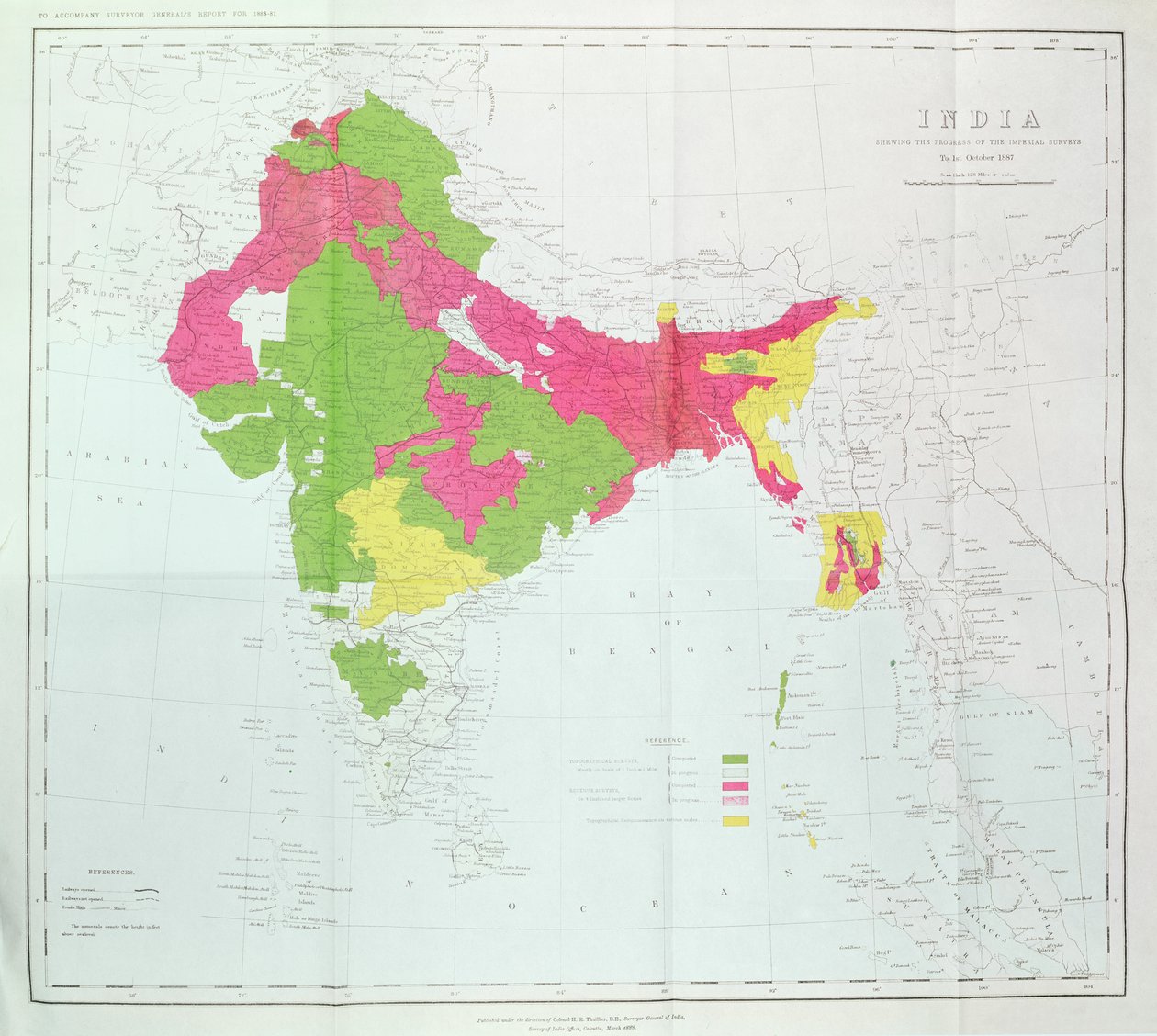 Mapa Indie, znázorňující postup Imperial Surveys, publikovaná pod vedením plukovníka H. R. Thuillier, R.E., Surveyor General of India, 1888 od English School