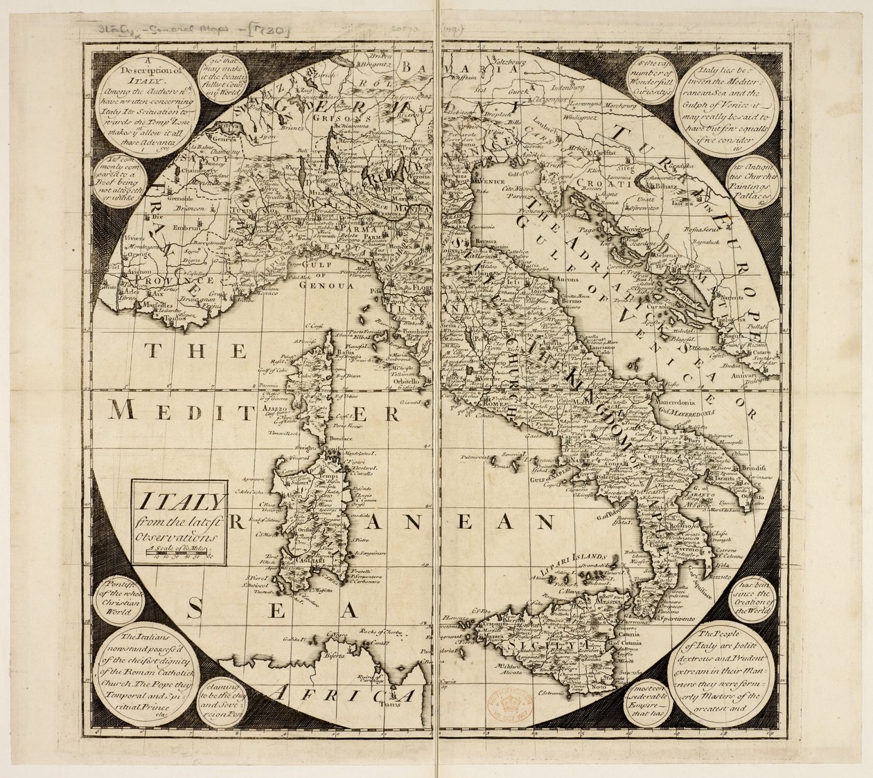 Mapa Itálie, kolem roku 1730 (rytina) od English School