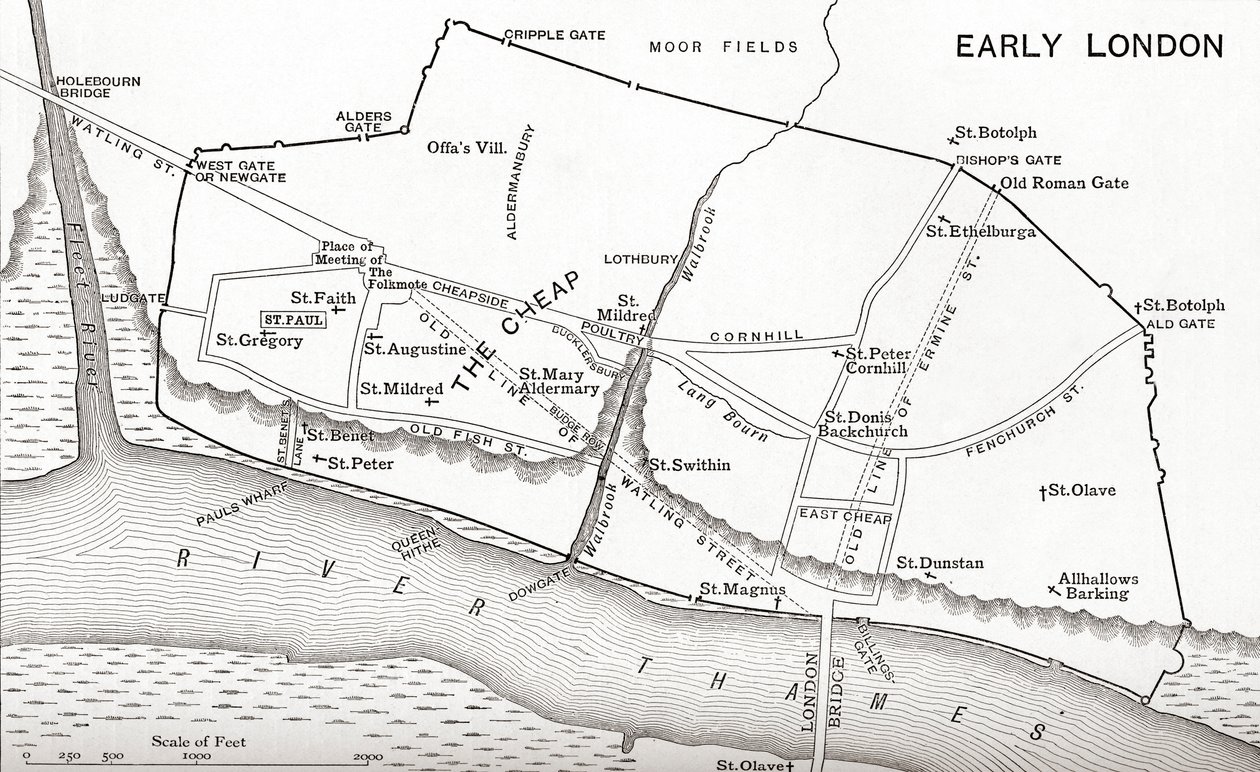 Mapa Londýna v 11. století z „Krátké historie anglického lidu“ od J. R. Greena, vydané v roce 1893 od English School