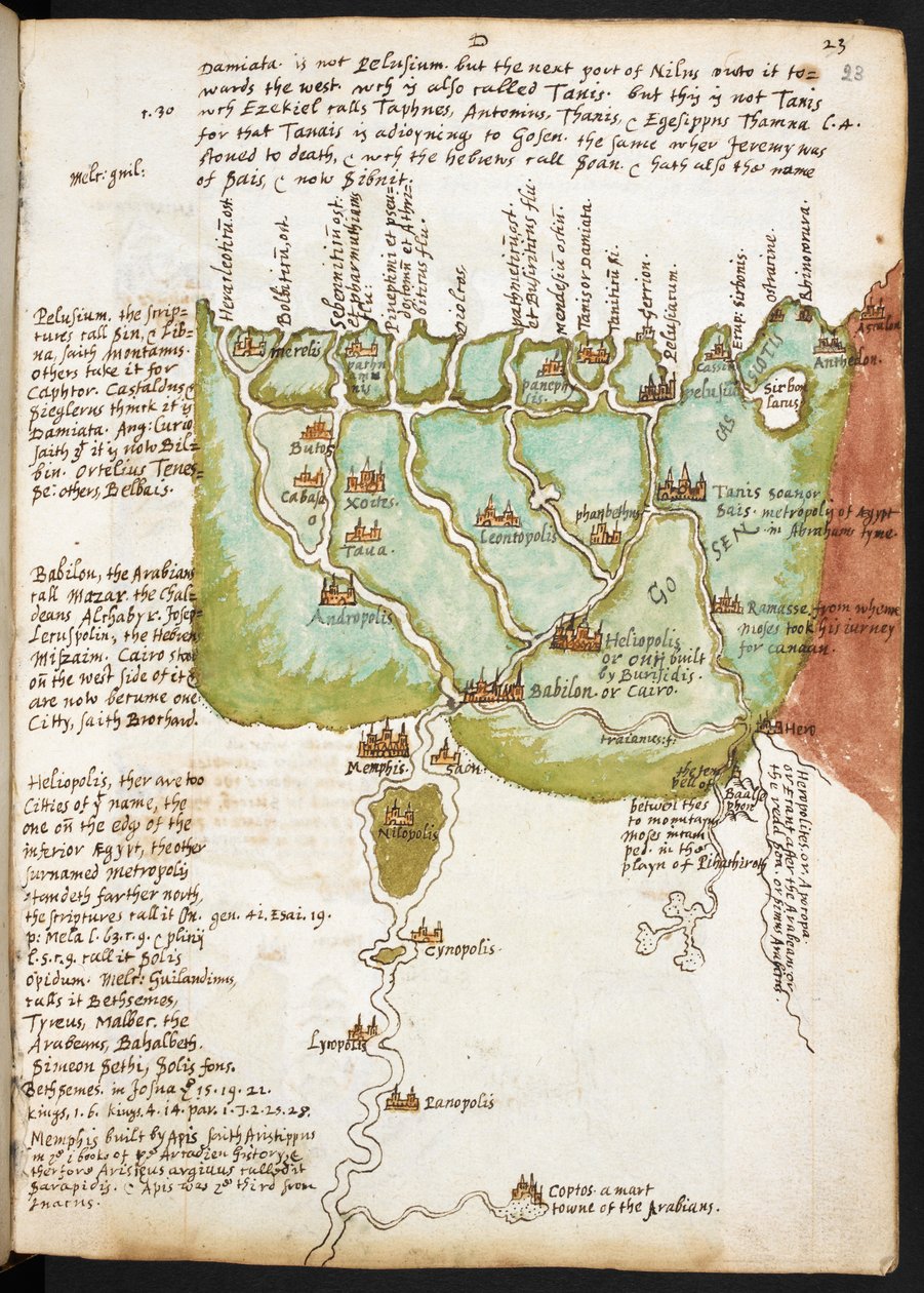 Mapa Dolního Egypta, ze Zápisníku sira Waltera Raleigha (1552-1618), kolem 1606-08 (pero a inkoust na papíře) od English School
