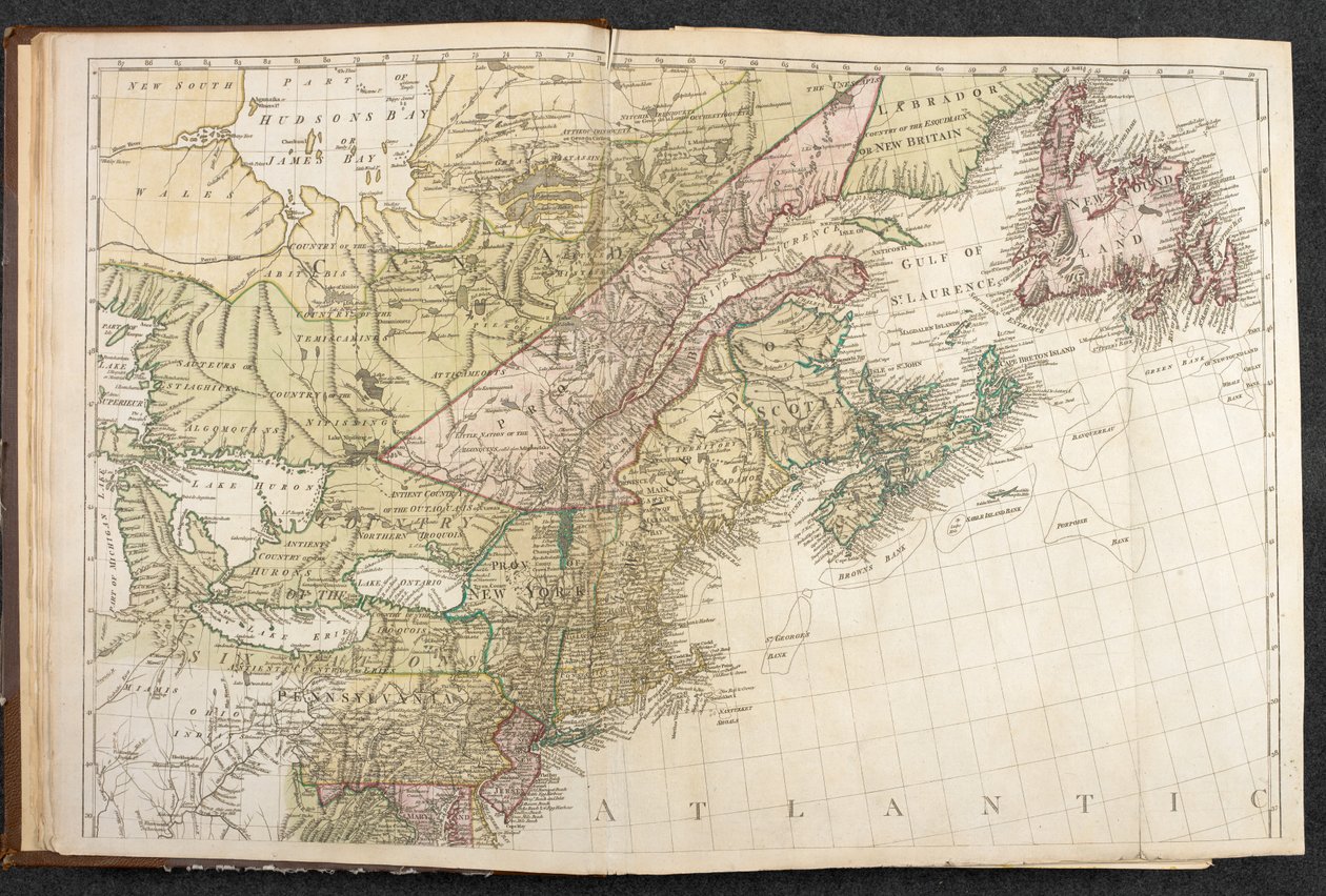 Mapa Severní Ameriky, detail východního pobřeží USA a Kanady, z 
