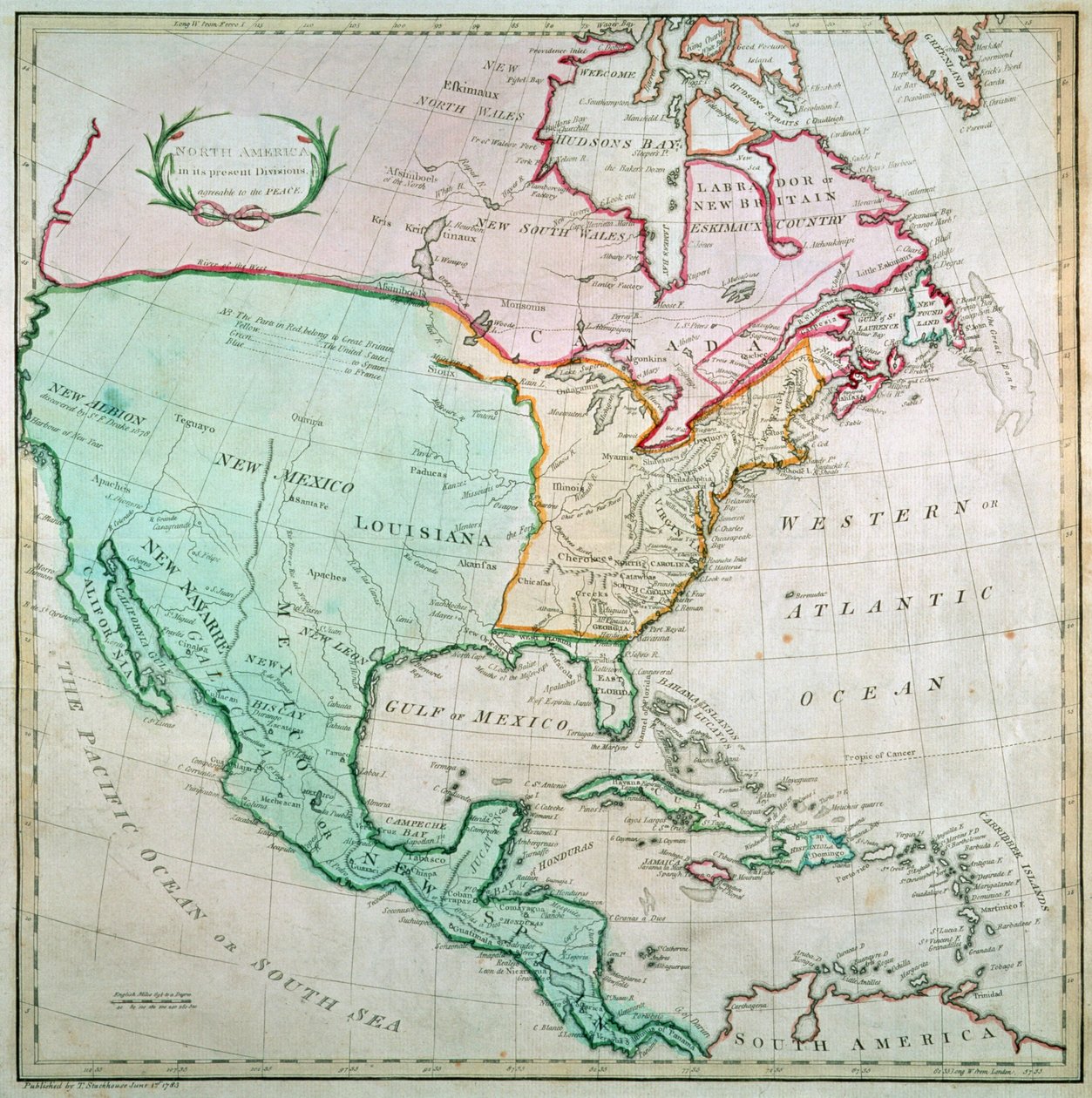 Mapa Severní Ameriky, publikoval T. Stackhouse, 1783 od English School
