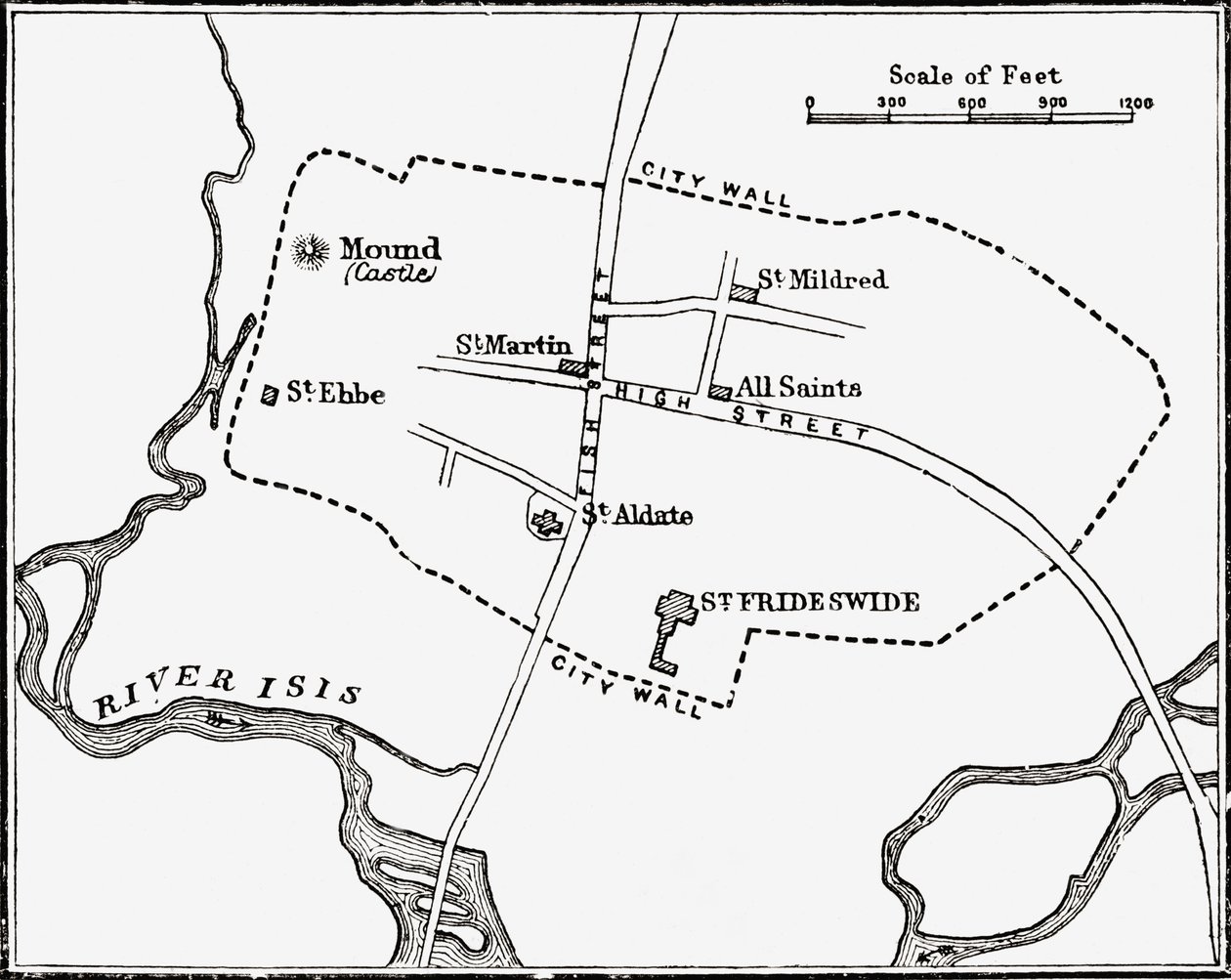 Mapa Oxfordu, Anglie, 12. až 13. století, z „Krátké historie anglického lidu“ od J. R. Greena, vydané v roce 1893 od English School