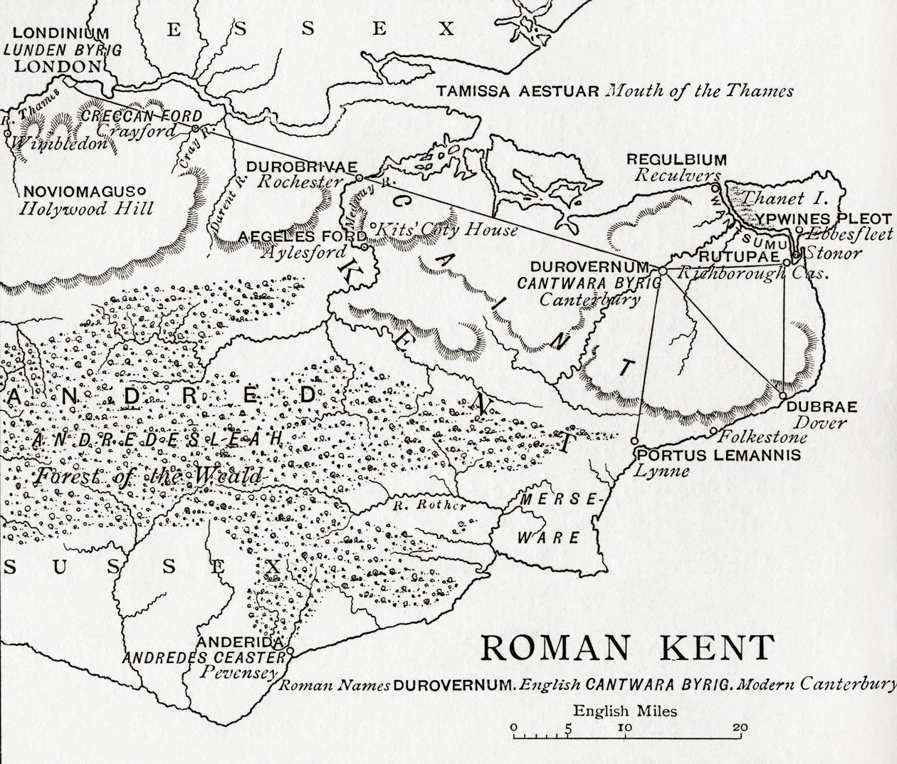 Mapa Romana Kenta, Anglie, z „Krátké historie anglického lidu“ od J. R. Greena, vydané v roce 1893 od English School