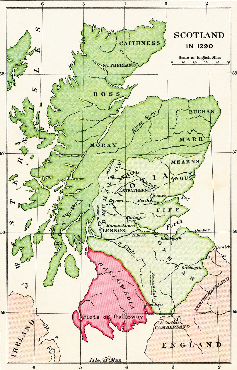 Mapa Skotska v roce 1290 z „Krátké historie anglického lidu“ od J. R. Greena, publikovaná v roce 1893 od English School