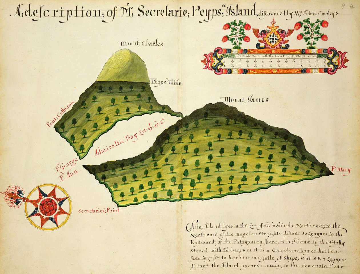 Mapa Secretaire a Pepysových ostrovů v Magellanově průlivu, cca 1628 (pero, inkoust a akvarel na papíře) od English School