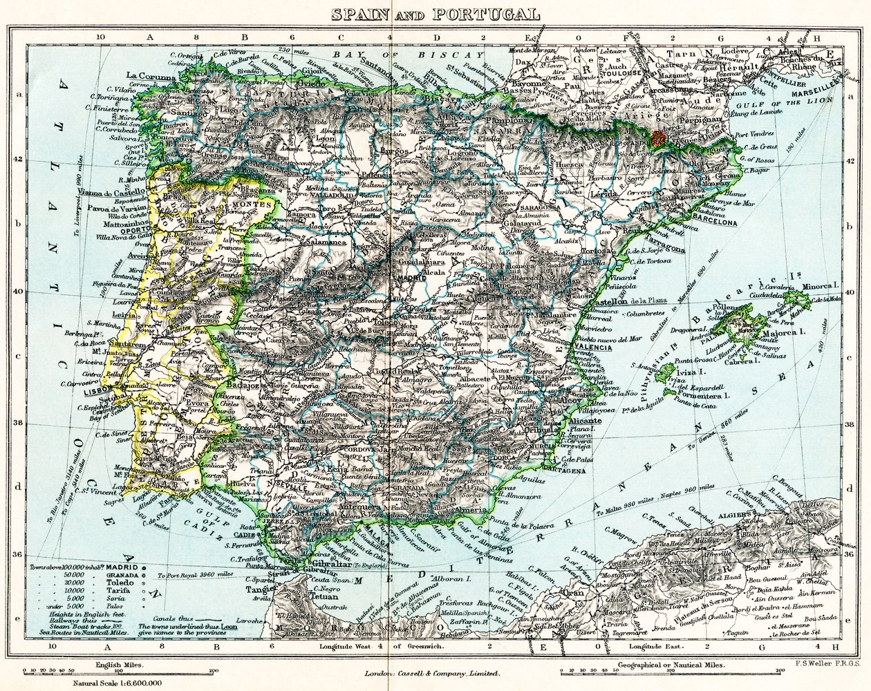 Mapa Španělska a Portugalska z Milnerovy zeměpisné galerie, cca 1872 (barevná litografie) od English School