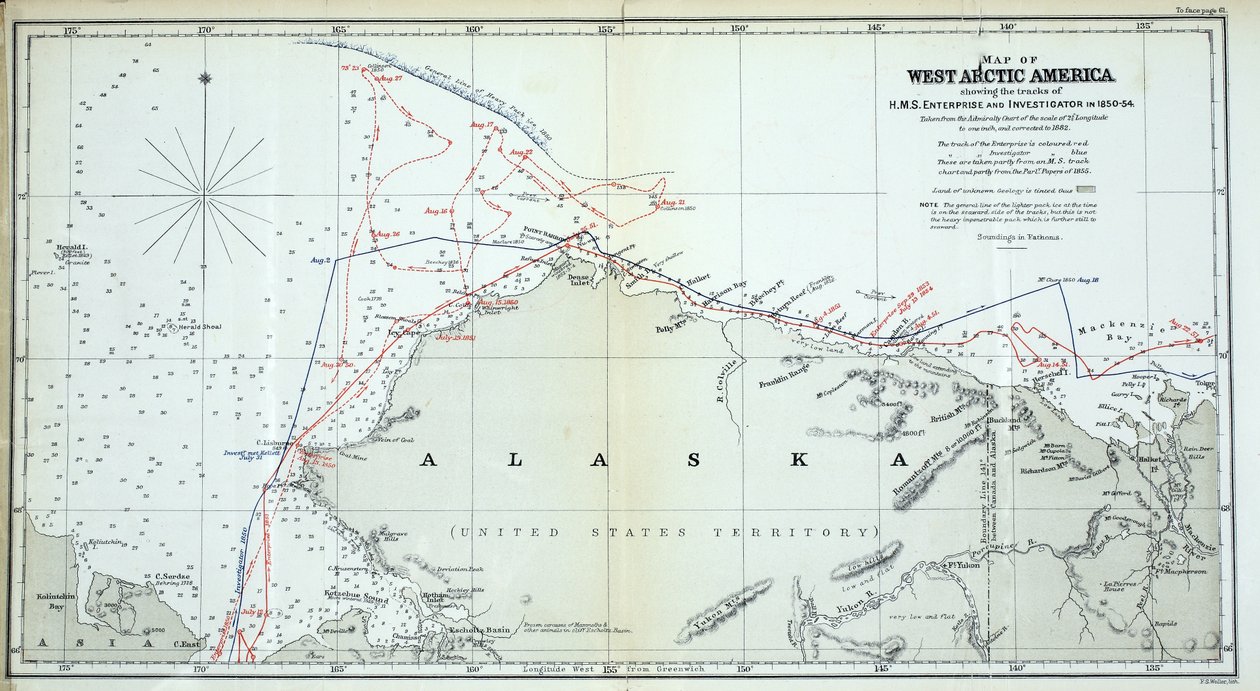 Mapa západní arktické Ameriky zobrazující stopy HMS Enterprise a Investigator v letech 1850-1854 od English School