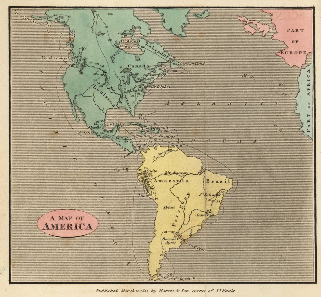 Mapa Ameriky, kolem roku 1821 od English School