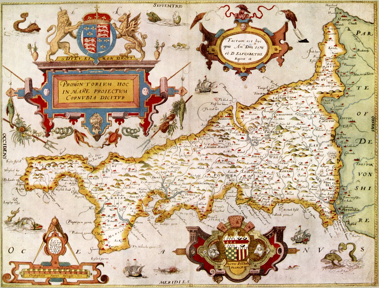Mapa hrabství Cornwall z roku 1576, ze "Saxtonova atlasu...", reprodukovaná v knize "Old Decorative Maps..." od Arthura L. Humphreyse od English School