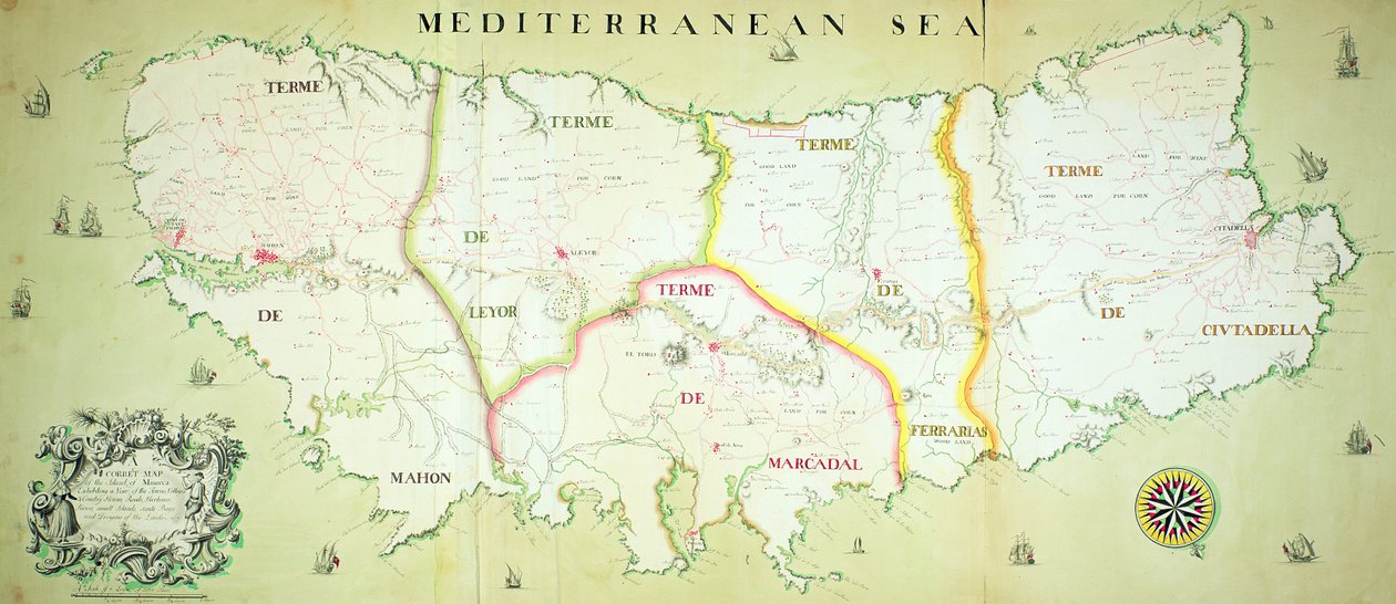 Mapa ostrova Minorca, kolem roku 1740 od English School