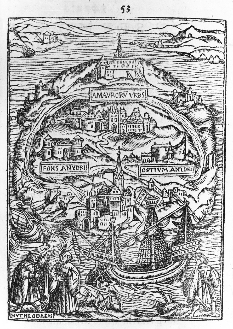 Mapa ostrova Utopie, frontispis knihy, 1563 od English School