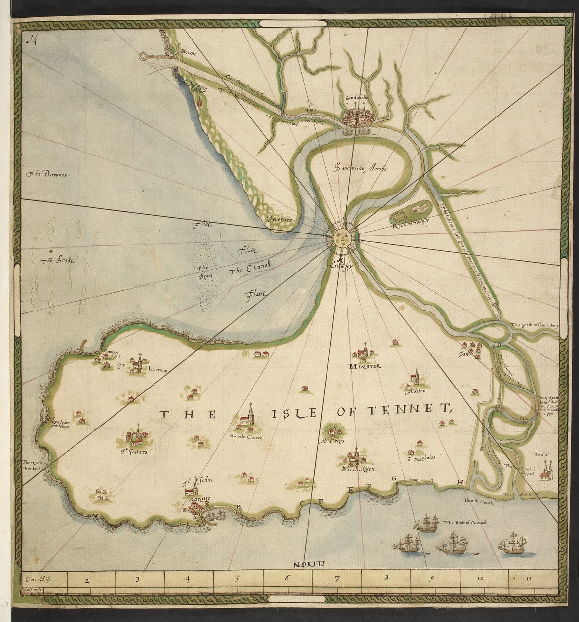Mapa ostrova Thanet a Sandwich Marsh, založená na plánu Johna Rogerse, kolem roku 1610 (pero, inkoust a akvarel na papíře) od English School