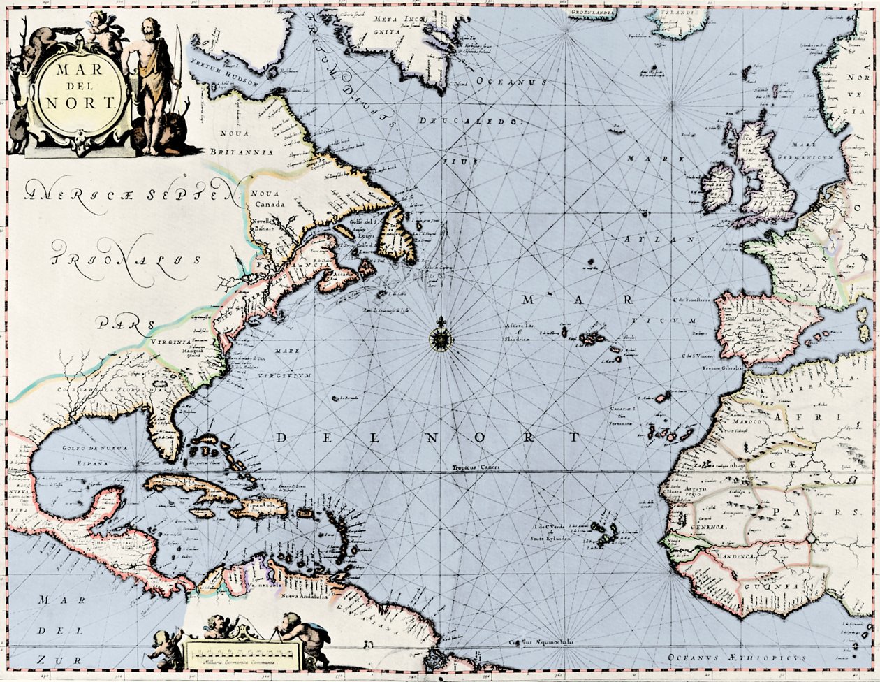 Mapa severního Atlantiku z "Jannsonova atlasu Novus od English School