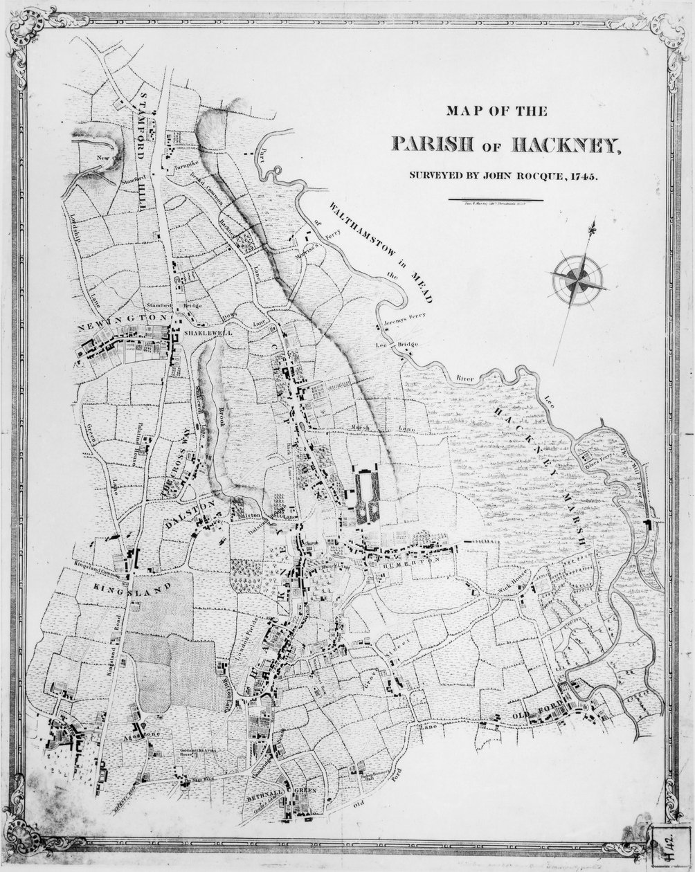 Mapa farnosti Hackney, zkoumal John Rocque (asi 1709-1762) 1745 od English School