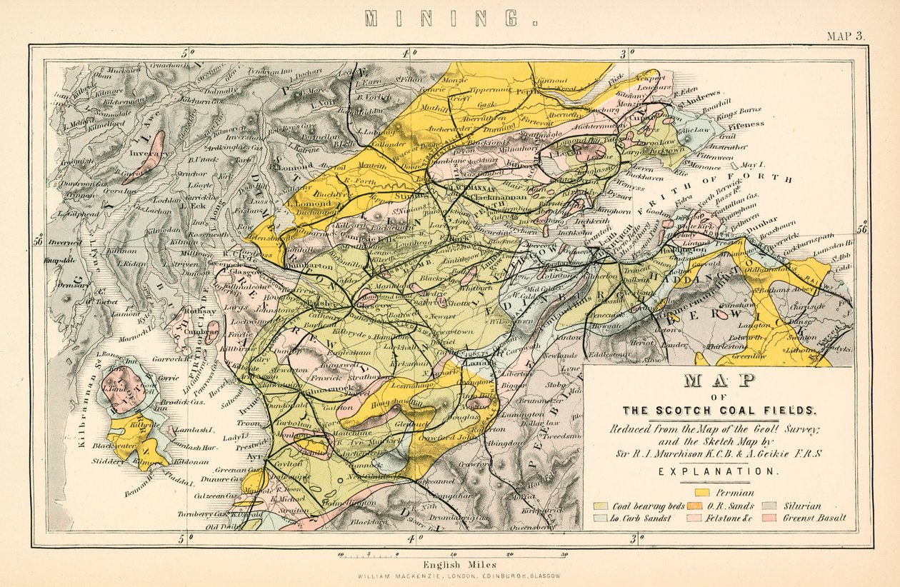 Mapa skotských uhelných ložisek (barevná litografie) od English School