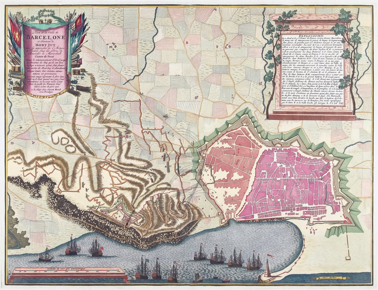 Mapa obléhání Barcelony v dubnu 1706 (barevná litografie) od English School