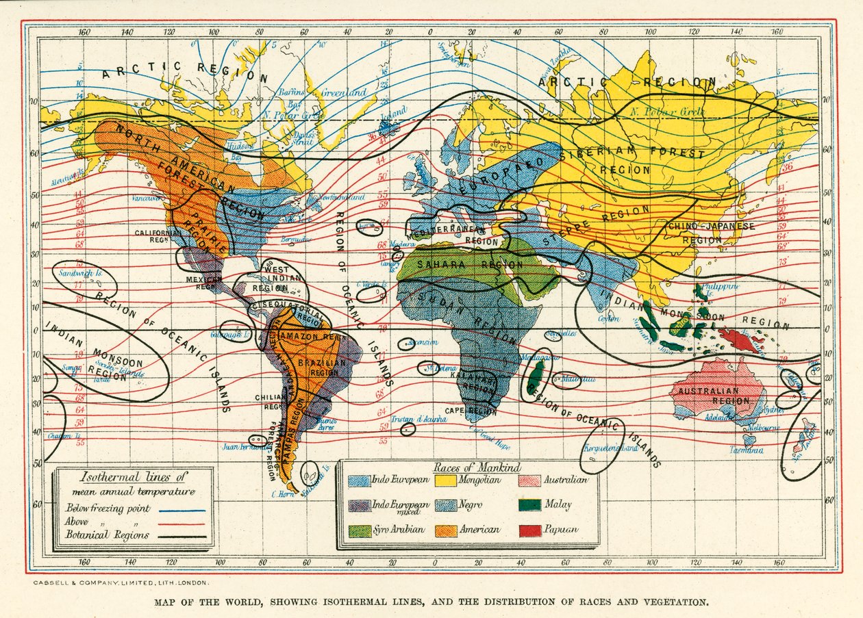 Mapa světa s vyznačením izotermických linií a rozmístění ras a vegetace (barevná litografie) od English School
