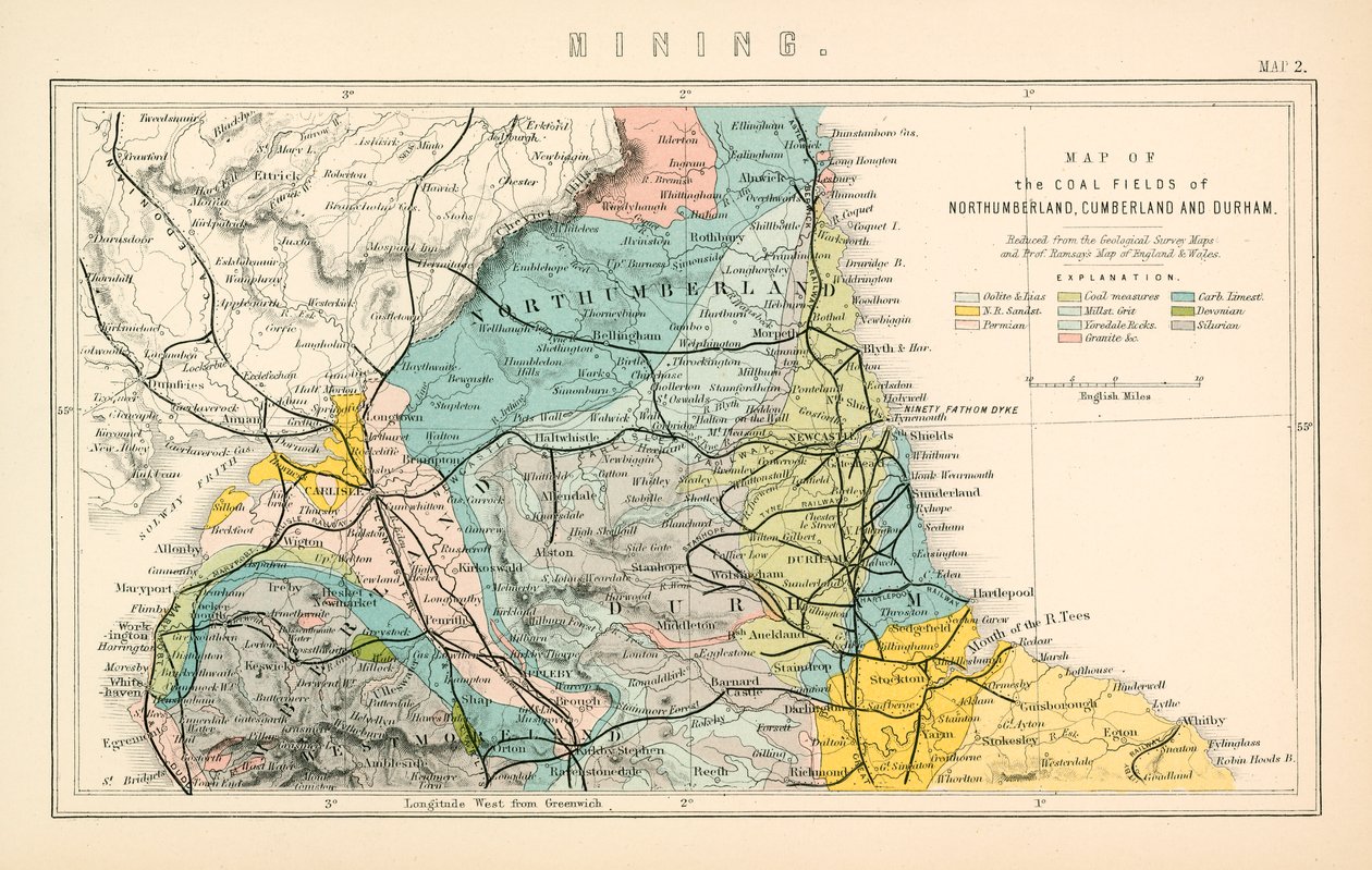 Mapa uhelných polí Northumberlandu, Cumberlandu a Durhamu (barevná litografie) od English School