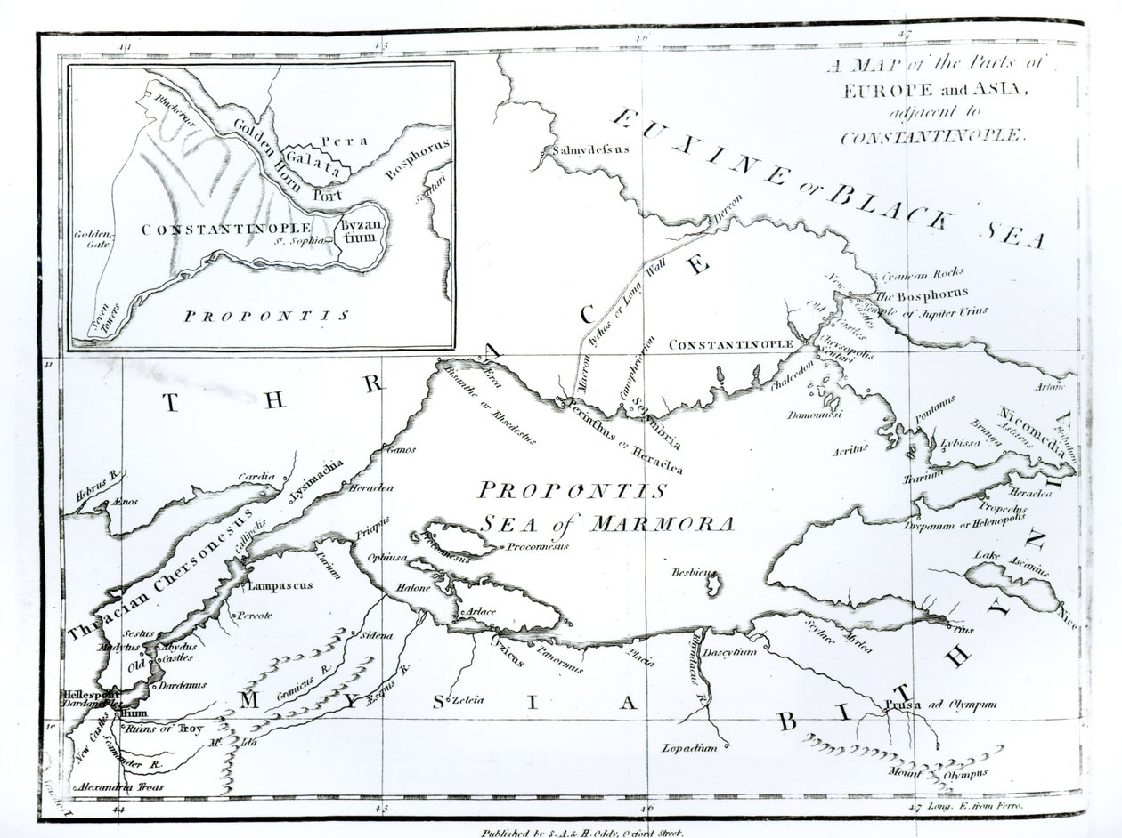 Mapa částí Evropy a Asie přiléhajících ke Konstantinopoli, z knihy "Dějiny úpadku a pádu Římské říše", 9. díl, autor Edward Gibbon, 1808. od English School