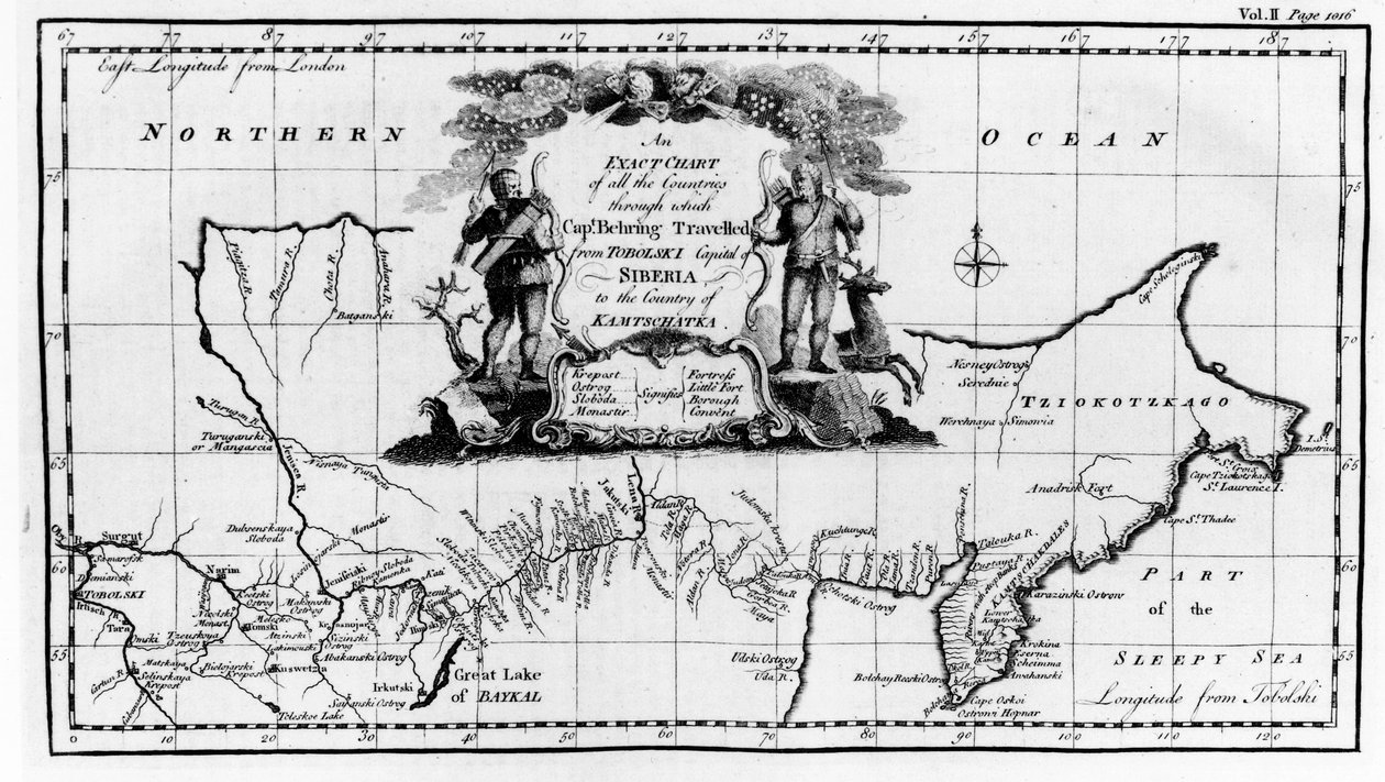 Mapa trasy, kterou šel Vitus Bering (1681-1741) přes Sibiř na Kamčatku, z Navigantium atque Itinerantium Bibliotheca zveřejněná 1744 od English School