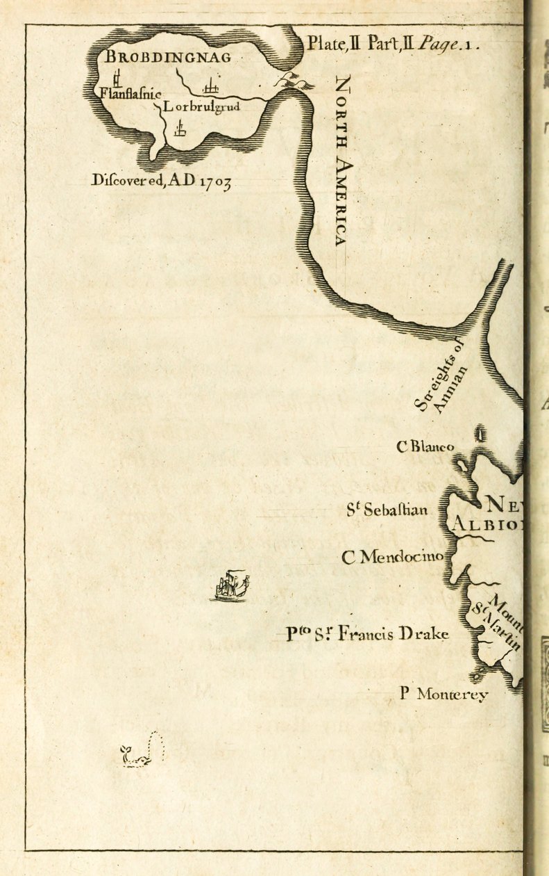 Mapa zobrazující polohu Brobdingnagu z prvního vydání Cesty do několika vzdálených národů světa, které jsou lépe známé jako Gullivers Travels od Jonathana Swifta od English School