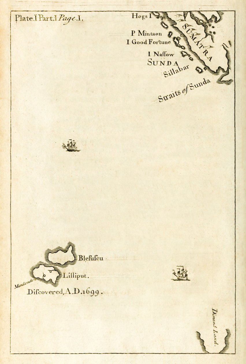 Mapa zobrazující polohu Lilliputu z prvního vydání Cesty do několika vzdálených národů světa, které jsou známější jako Gullivers Travels od Jonathana Swifta od English School